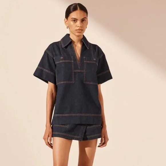 Shona Joy Rita High Waisted Flare Short and Rita Pullover Top Denim Indigo - Picture 5 of 15